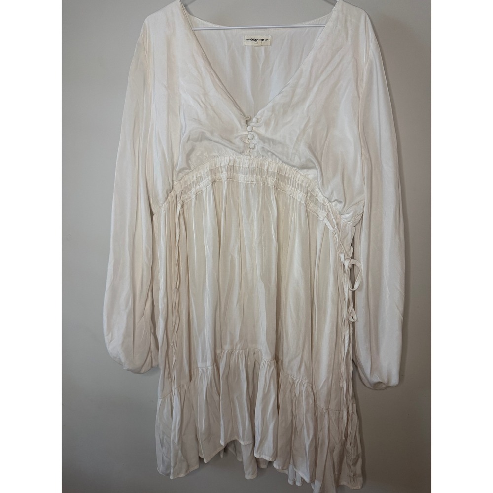 Eesome Ivory Long Sleeve Smocked Empire Waist Ruffle Tiered Mini Dress Large